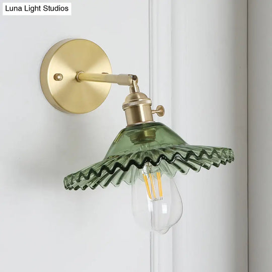 Green Glass Wall Sconce Light With Brass Frame And Scalloped Design - Industrial Style