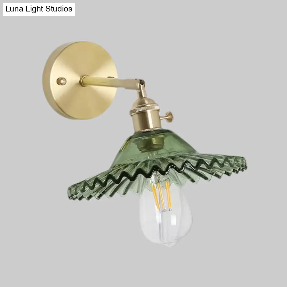 Green Glass Wall Sconce Light With Brass Frame And Scalloped Design - Industrial Style