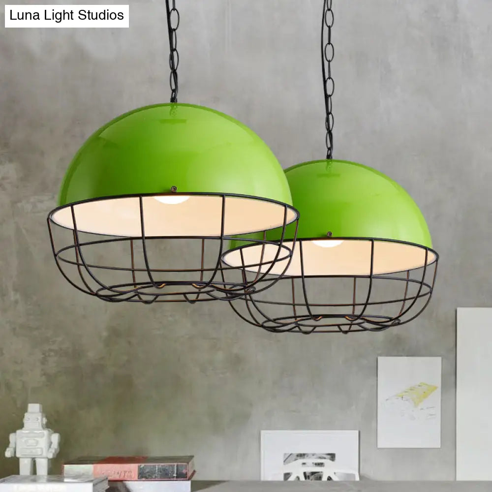 Green Iron Warehouse Dome Pendant Ceiling Light Fixture With Cage - Ideal For Dining Room