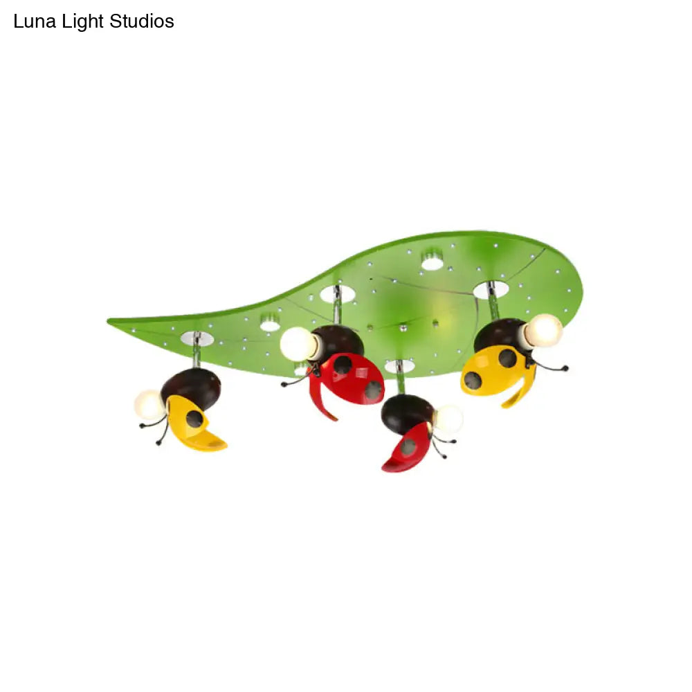 Green Ladybug Rest On Leaf Ceiling Light - Kid Iron 4-Bulb Bedroom Semi Flush Mount