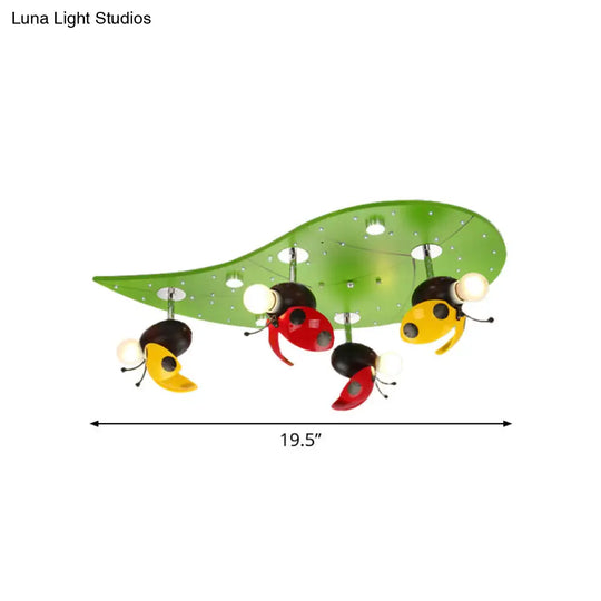 Green Ladybug Rest On Leaf Ceiling Light - Kid Iron 4-Bulb Bedroom Semi Flush Mount