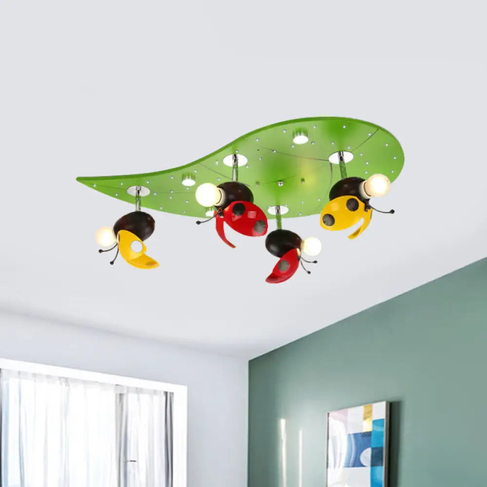 Green Ladybug Rest On Leaf Ceiling Light - Kid Iron 4 - Bulb Bedroom Semi Flush Mount