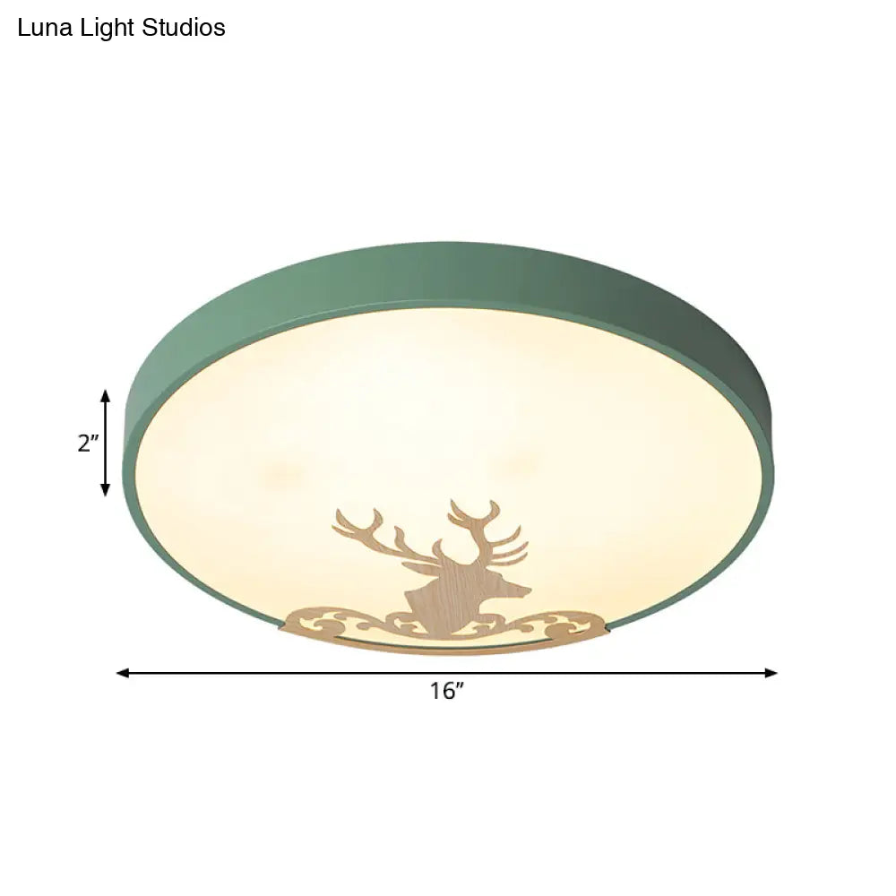 Green Led Ceiling Light: Modern Round Acrylic Flush Mount With Deer Pattern