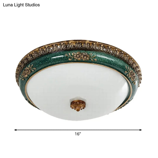 Green Led Flush Ceiling Light Fixture With Retro Opal Glass Bowl - Ideal For Bedroom Sizes: