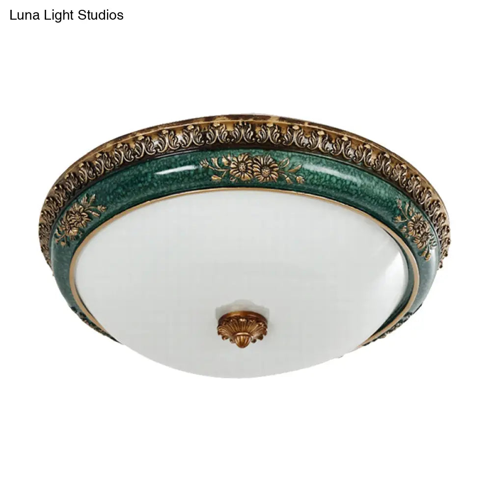 Green Led Flush Ceiling Light Fixture With Retro Opal Glass Bowl - Ideal For Bedroom Sizes: