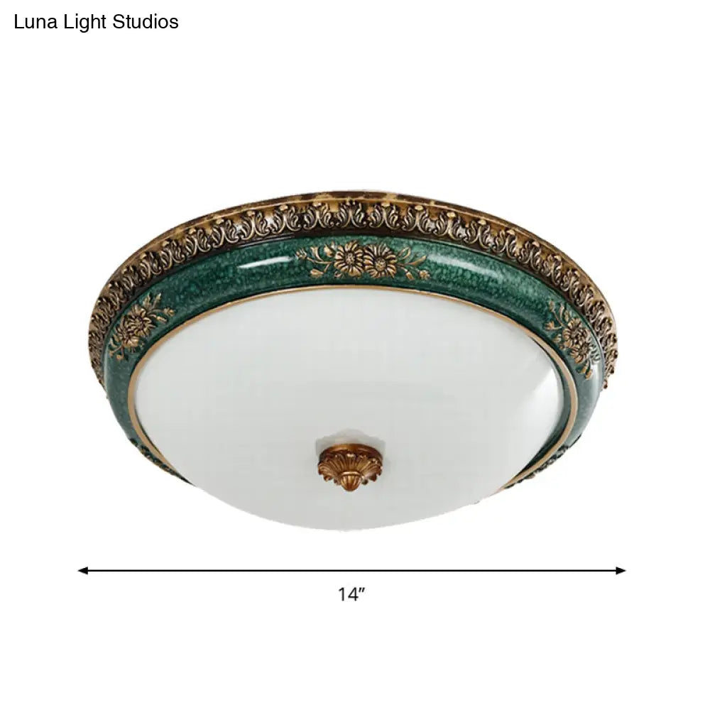 Green Led Flush Ceiling Light Fixture With Retro Opal Glass Bowl - Ideal For Bedroom Sizes: