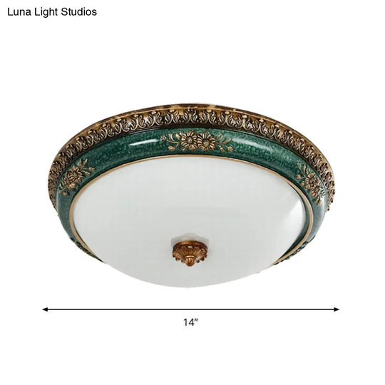 Green Led Flush Ceiling Light Fixture With Retro Opal Glass Bowl - Ideal For Bedroom Sizes: