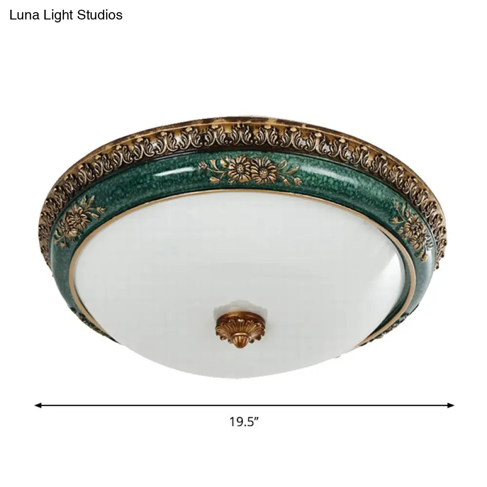 Green Led Flush Ceiling Light Fixture With Retro Opal Glass Bowl - Ideal For Bedroom Sizes: