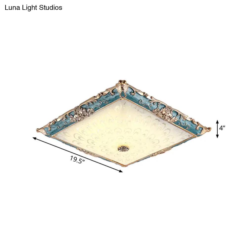 Green Led Flush Mount Ceiling Light With White Glass - Traditional Square Fixture 16’/19.5’ Width