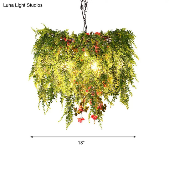 Green Led Industrial Metal Chandelier With Plant Decoration - 18’/23.5’/31.5’ Wide