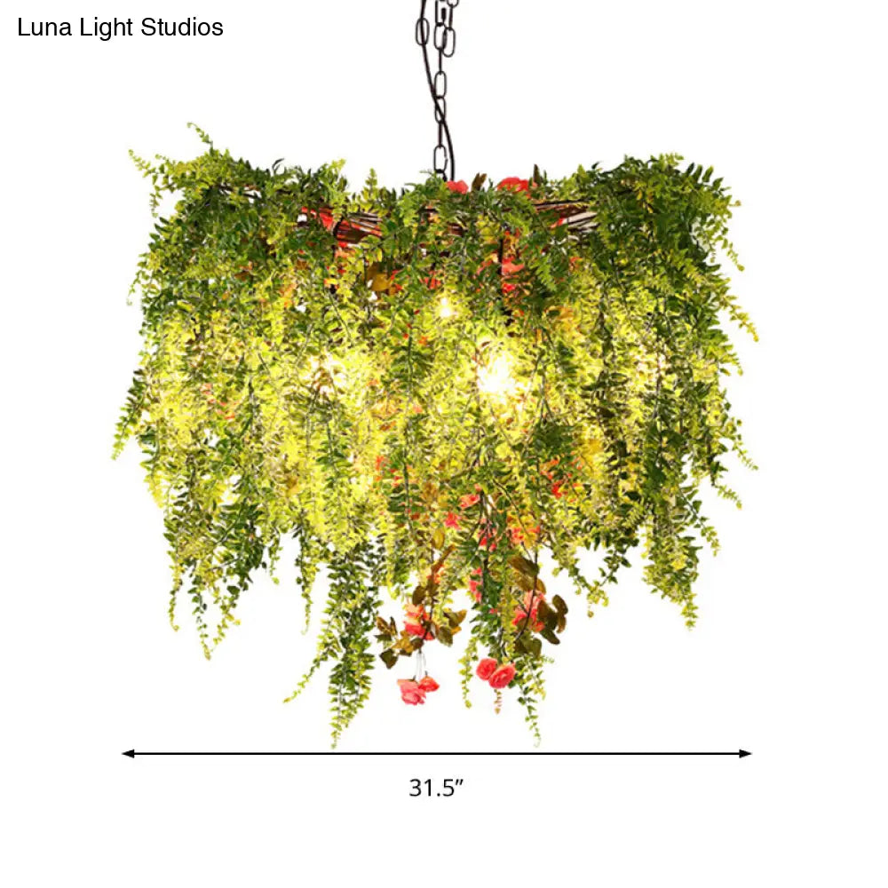 Green Led Industrial Metal Chandelier With Plant Decoration - 18’/23.5’/31.5’ Wide