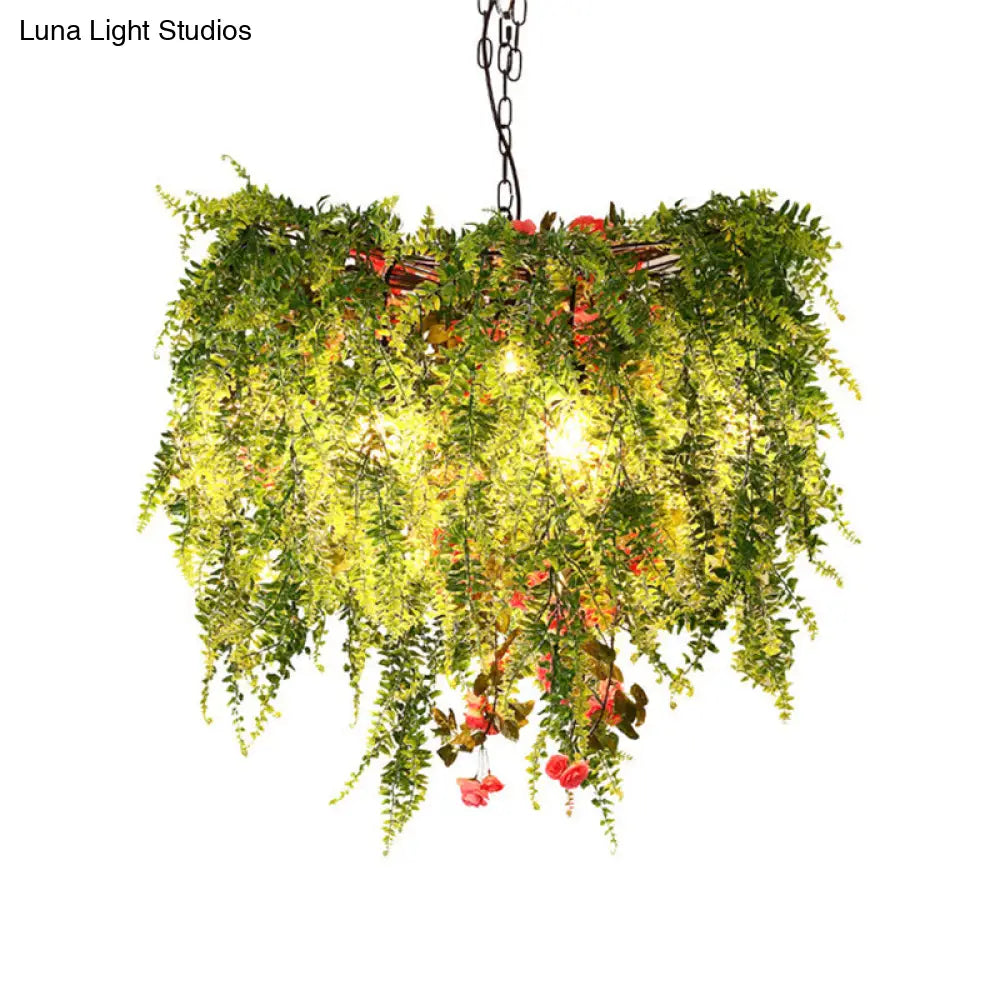 Green Led Industrial Metal Chandelier With Plant Decoration - 18’/23.5’/31.5’ Wide