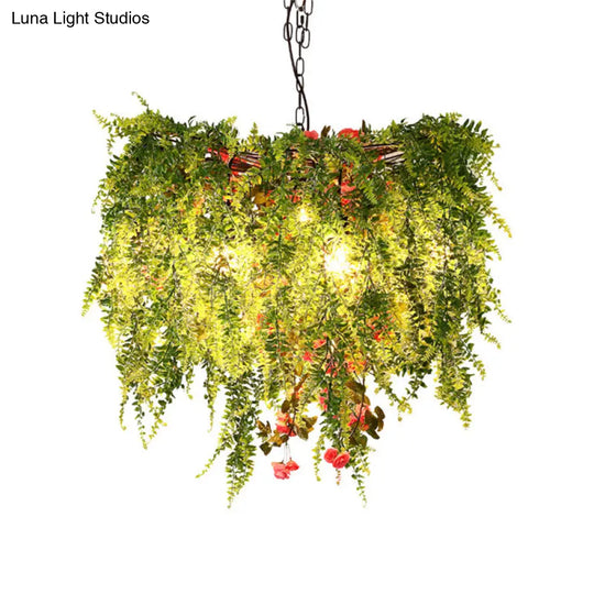 Green Led Industrial Metal Chandelier With Plant Decoration - 18’/23.5’/31.5’ Wide