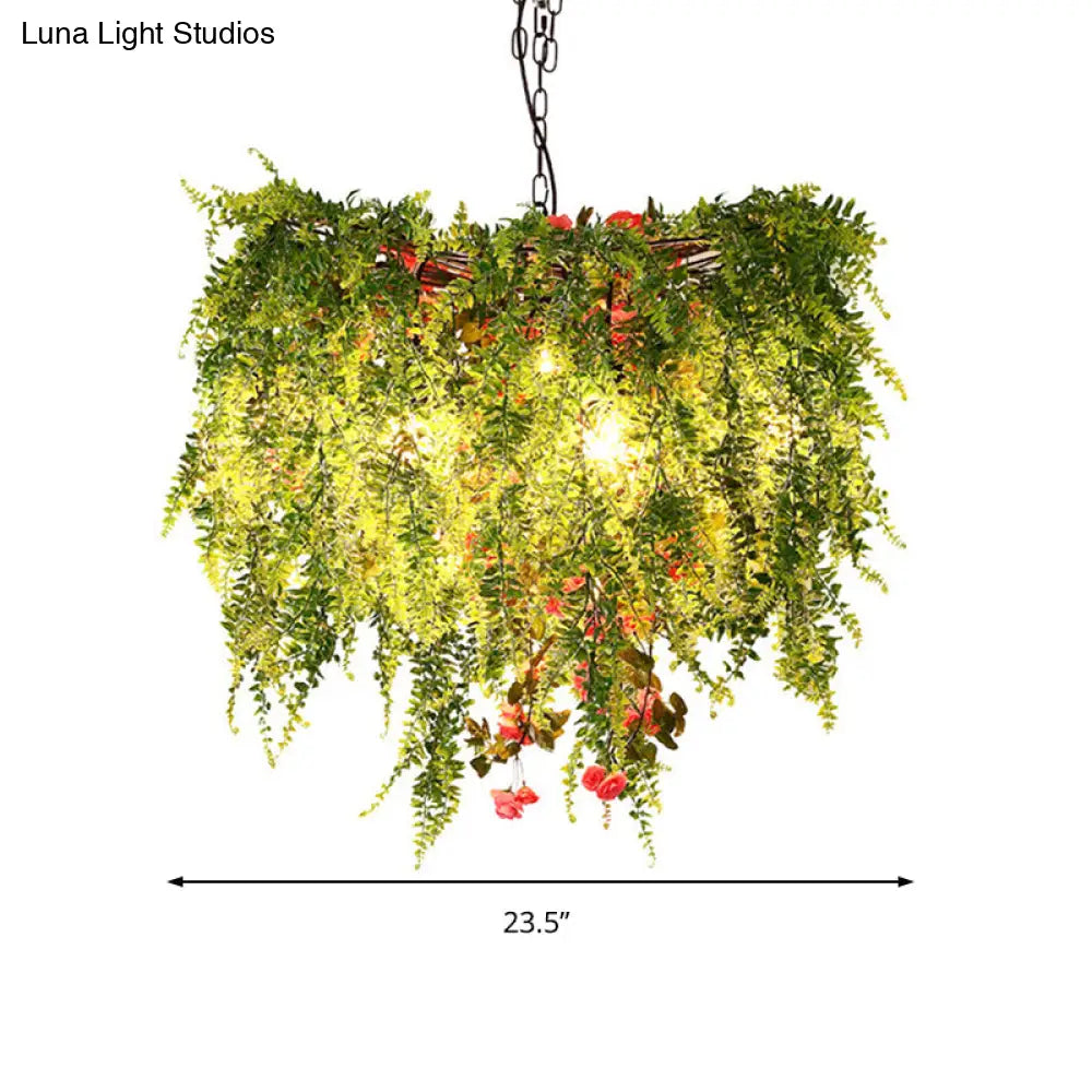 Green Led Industrial Metal Chandelier With Plant Decoration - 18’/23.5’/31.5’ Wide