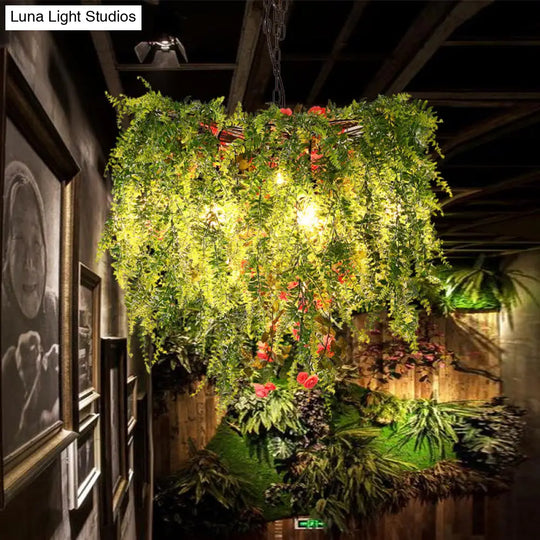 Green Led Industrial Metal Chandelier With Plant Decoration - 18’/23.5’/31.5’ Wide