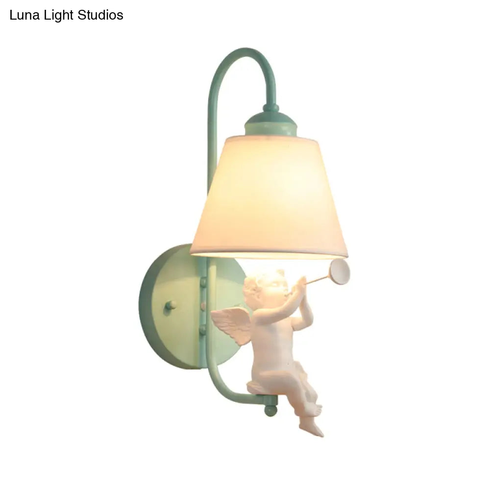 Green Little Angel Wall Light With Fabric Shade - Nordic Style Sconce For Kids Bedroom