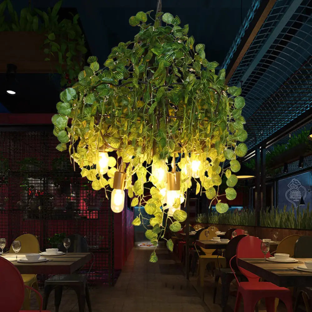 Green Loft Iron 6-Head Exposed Bulb Chandelier With Plant Decor For Restaurant Ceiling Pendant