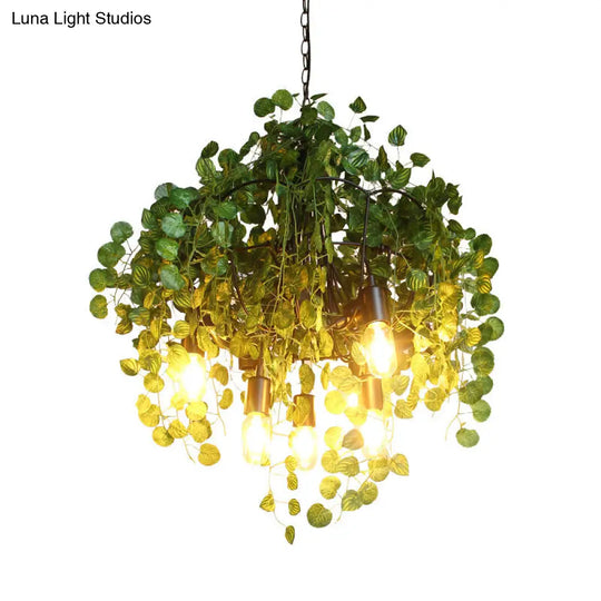 Green Iron Exposed Bulb Chandelier - 6 Heads Pendant With Plant Décor Ceiling Lighting For