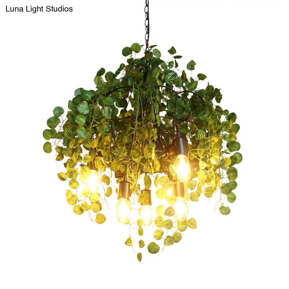 Green Loft Iron 6-Head Exposed Bulb Chandelier With Plant Decor For Restaurant Ceiling Pendant