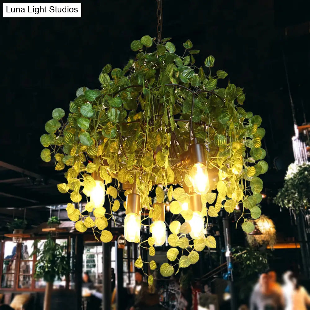 Green Loft Iron 6-Head Exposed Bulb Chandelier With Plant Decor For Restaurant Ceiling Pendant