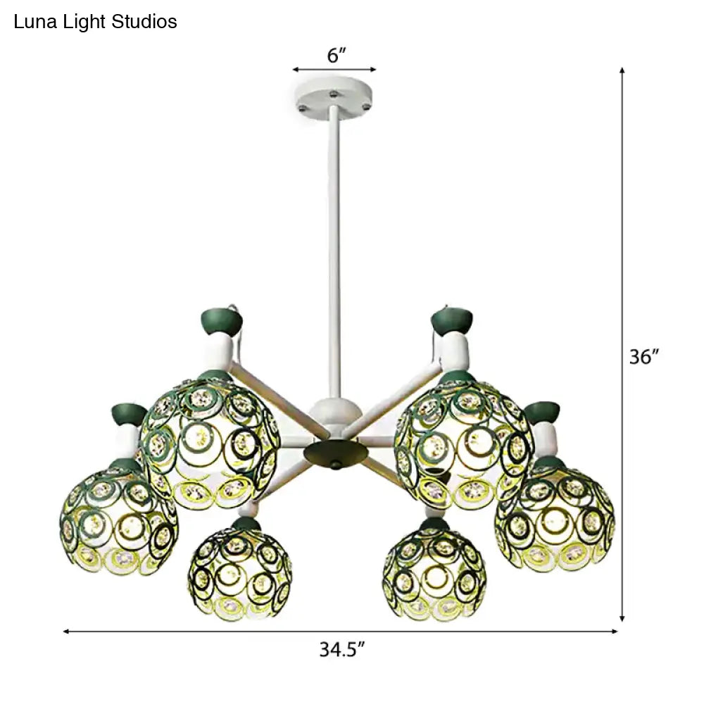 Green Macaron Hollow Orb Chandelier With Crystal Bead Accent | Bedroom Hanging Light