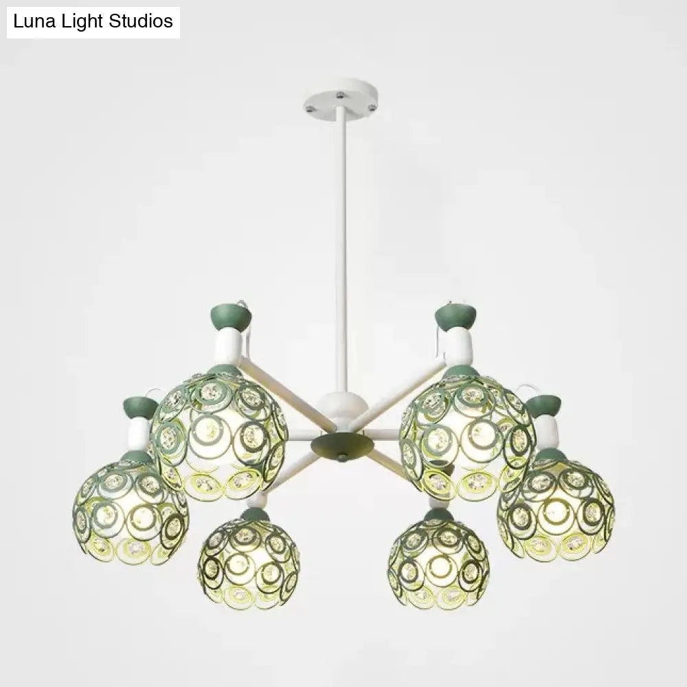 Green Macaron Hollow Orb Chandelier With Crystal Bead Accent | Bedroom Hanging Light