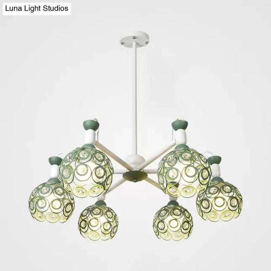 Green Macaron Hollow Orb Chandelier With Crystal Bead Accent | Bedroom Hanging Light