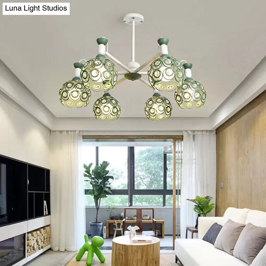 Green Macaron Hollow Orb Chandelier With Crystal Bead Accent | Bedroom Hanging Light