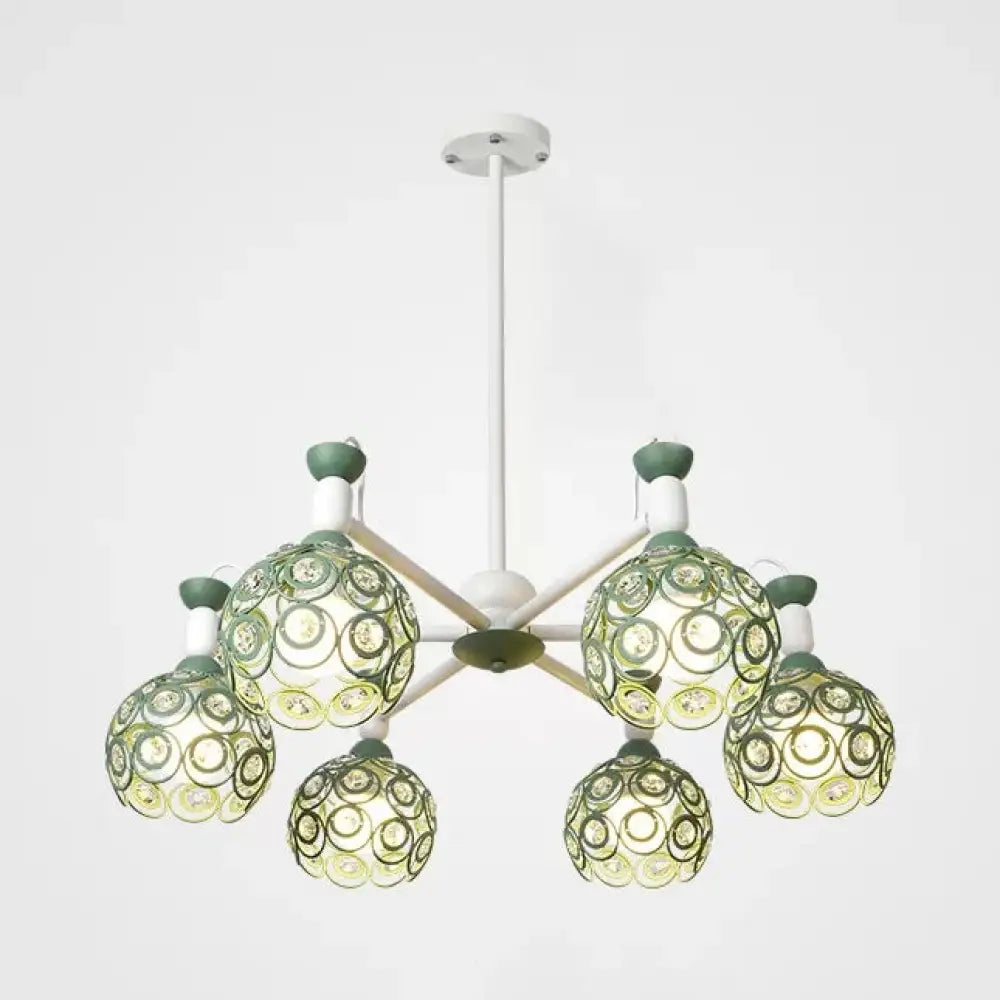 Green Macaron Hollow Orb Chandelier With Crystal Bead Accent | Bedroom Hanging Light 6 /