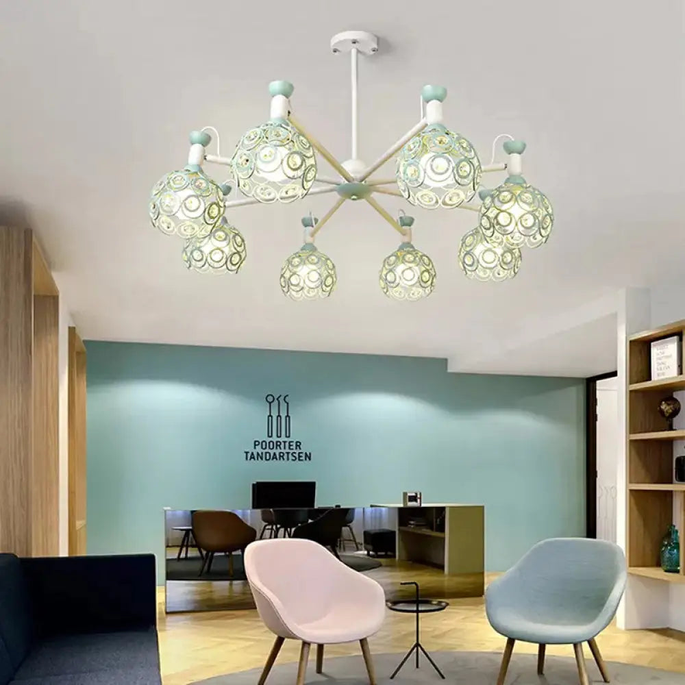 Green Macaron Hollow Orb Chandelier With Crystal Bead Accent | Bedroom Hanging Light 8 /