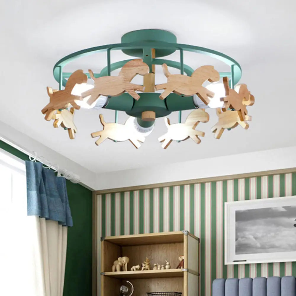 Green Macaron Merry - Go - Round Ceiling Light - Metal And Wood 3 Lights Semi Flush For Dining Room