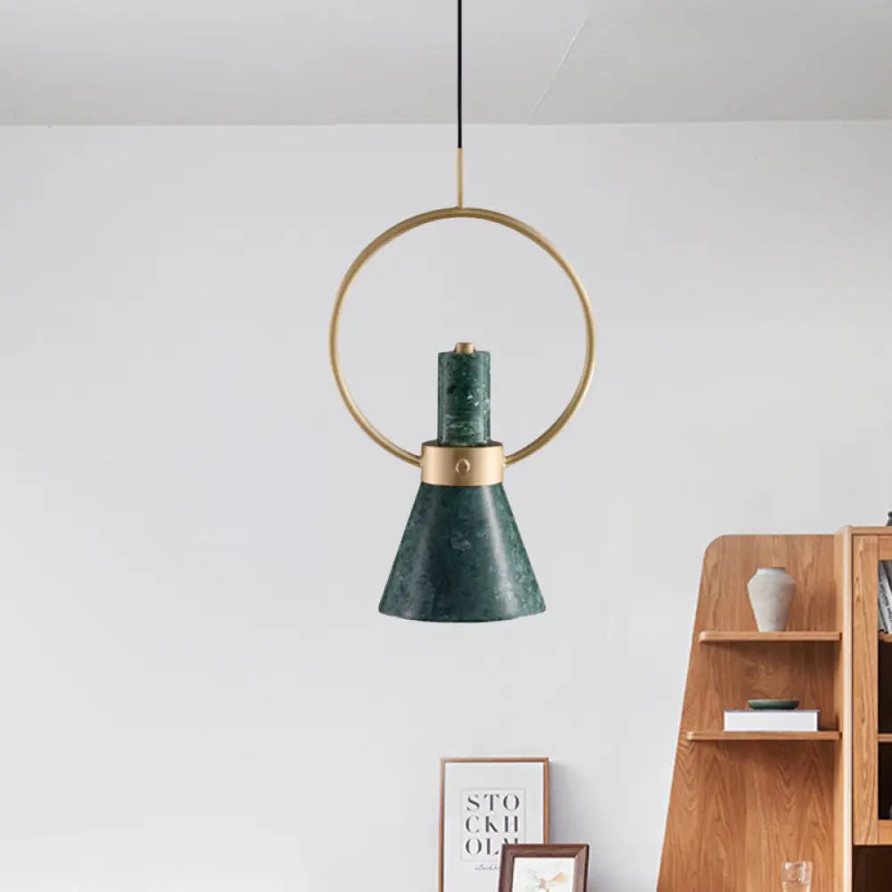 Green Marble Flared Pendant Light With Gold Ring - Nordic Style Ceiling Lamp (1 Bulb)