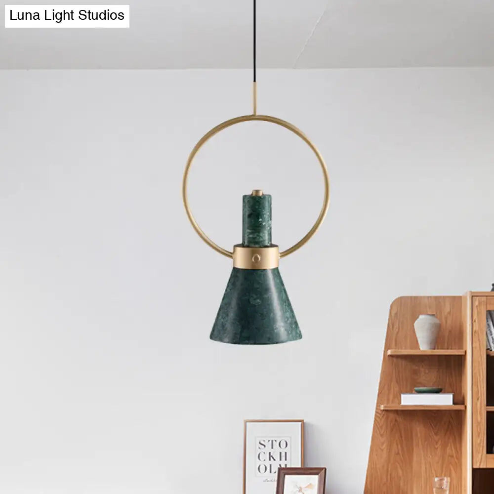 Nordic Green Marble Flared Pendant Light With Gold Ring - 1 Bulb Hanging Ceiling Lamp