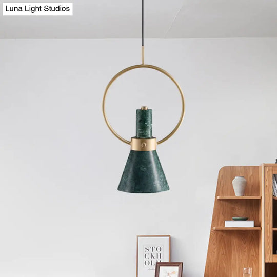 Nordic Green Marble Flared Pendant Light With Gold Ring - 1 Bulb Hanging Ceiling Lamp