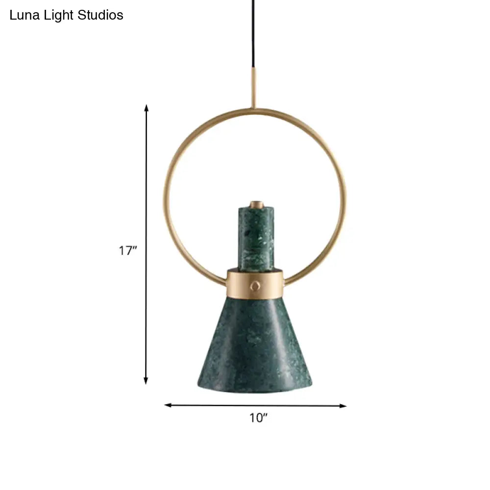 Green Marble Flared Pendant Light With Gold Ring - Nordic Style Ceiling Lamp (1 Bulb)