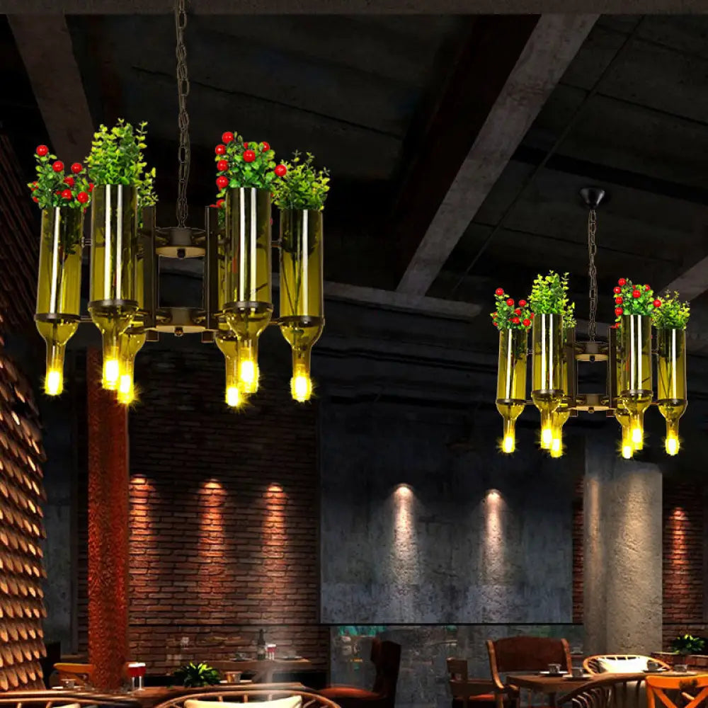 Green Metal 6-Head Industrial Chandelier Pendant Light With Plant Design