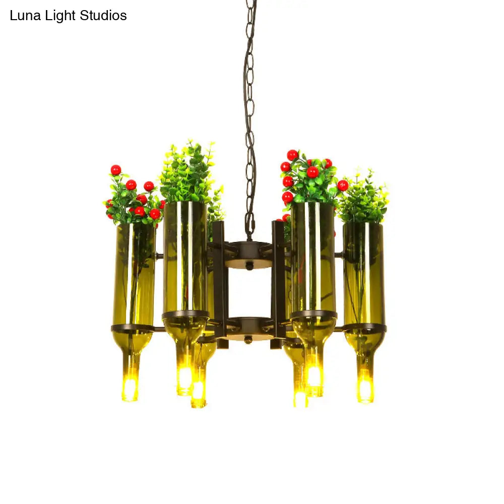 Green Metal 6-Head Industrial Chandelier Pendant Light With Plant Design