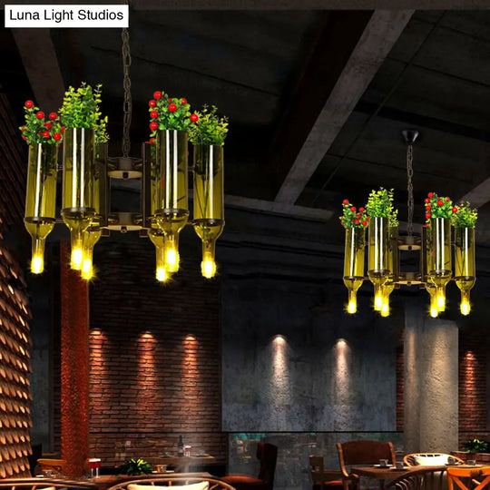 Industrial Chandelier Pendant Light - Metal Green Radial 6-Head Fixture With Plant Design