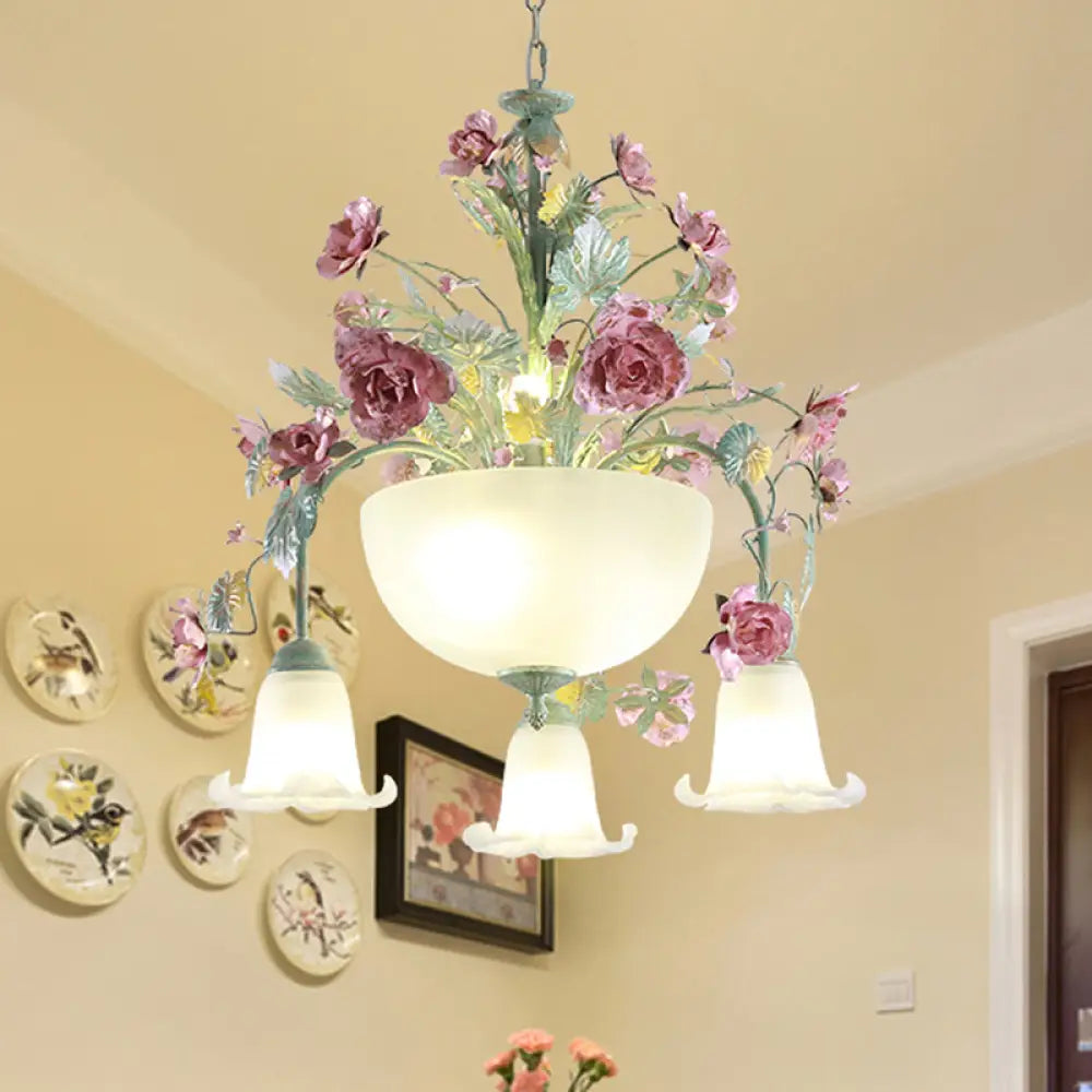 Green Metal Bowl Chandelier - Romantic Pastoral 5/7 Bulb Dining Room Drop Lamp With Rose Accents 7 /