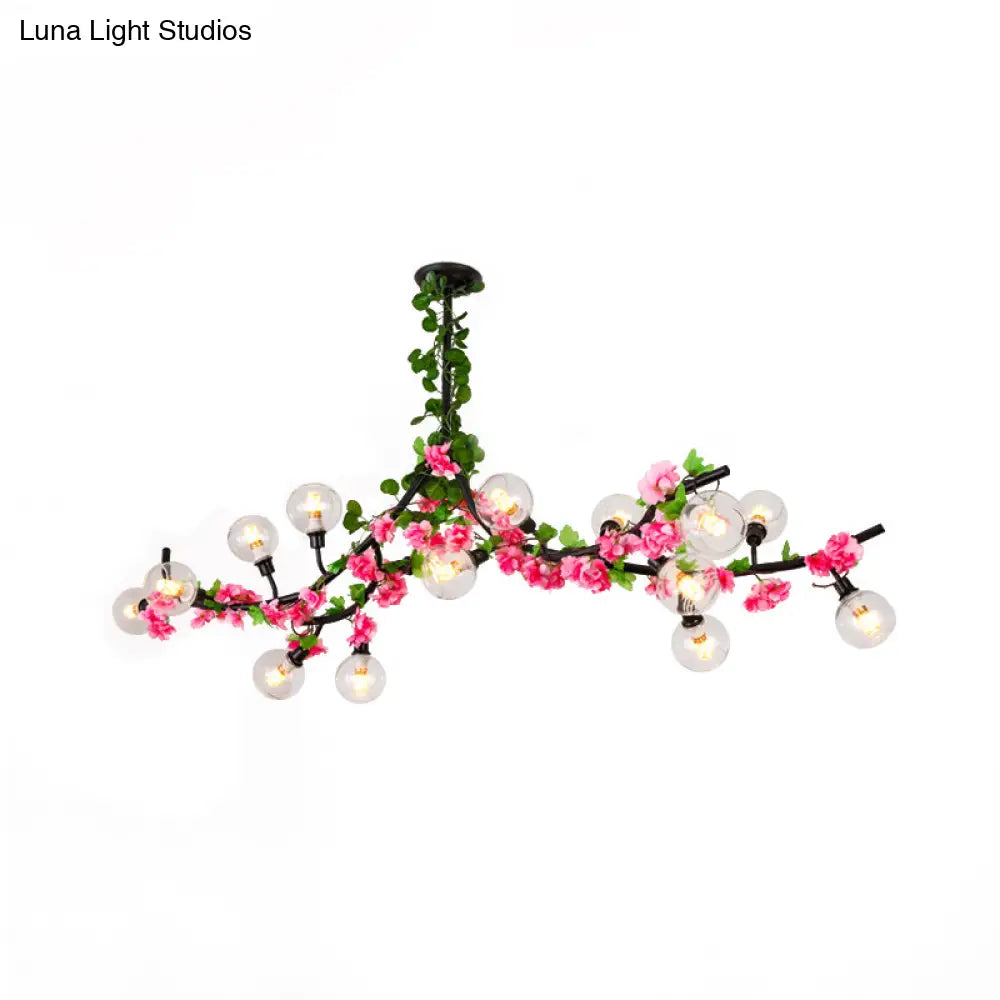 Green Metal Ceiling Mounted Dining Room Lighting With 15 Heads And Red/Pink Flower Vine