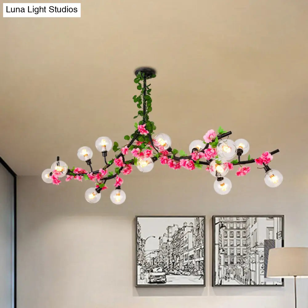 Green Metal Ceiling Mounted Dining Room Lighting With 15 Heads And Red/Pink Flower Vine