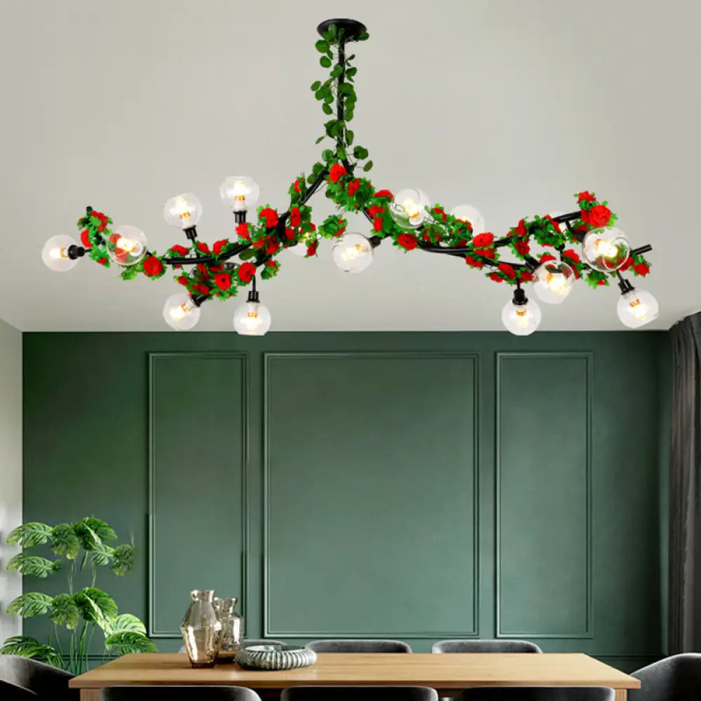 Green Metal Ceiling Mounted Dining Room Lighting With 15 Heads And Red/Pink Flower Vine Red