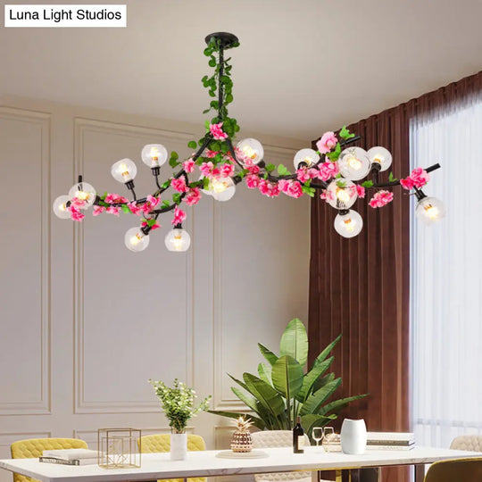 Green Metal Ceiling Mounted Dining Room Lighting With 15 Heads And Red/Pink Flower Vine Pink