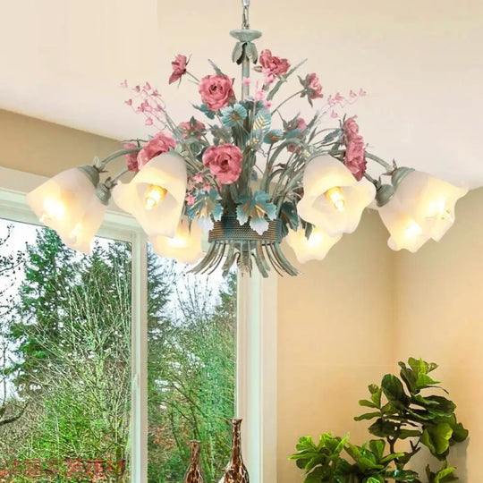 Green Metal Chandelier Light Fixture - Countryside Rose Down Lighting For Living Room (5/8 Bulbs) 8