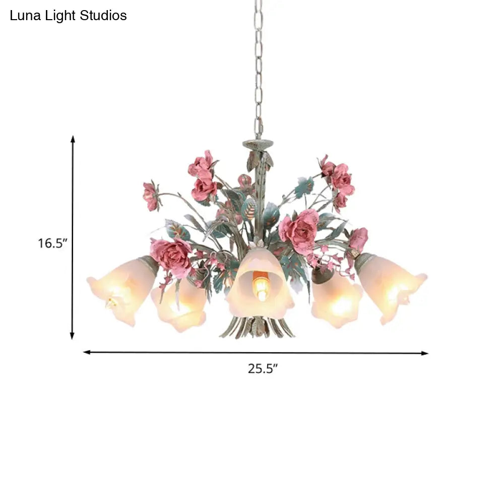 Green Metal Chandelier Light Fixture - Countryside Rose Down Lighting For Living Room (5/8 Bulbs)