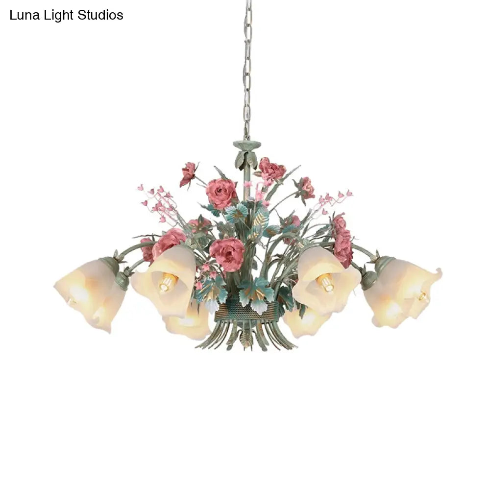 Green Metal Chandelier Light Fixture - Countryside Rose Down Lighting For Living Room (5/8 Bulbs)