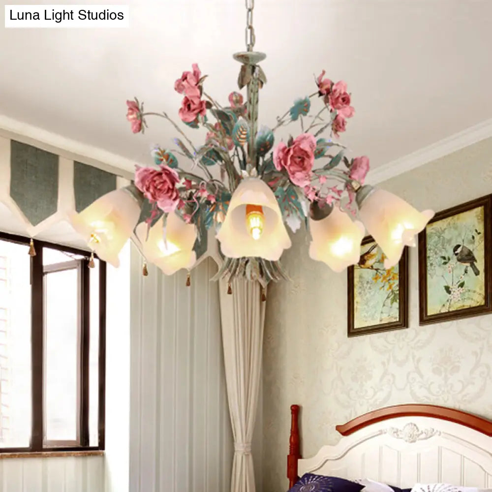 Green Metal Chandelier Light Fixture - Countryside Rose Down Lighting For Living Room (5/8 Bulbs)