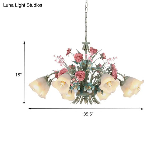 Green Metal Chandelier Light Fixture - Countryside Rose Down Lighting For Living Room (5/8 Bulbs)