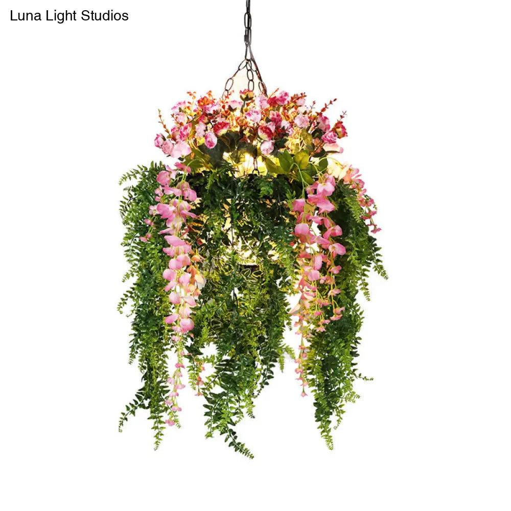 Green Metal Hanging Chandelier With 4 Industrial Pendant Lights - Unique Plant Decoration