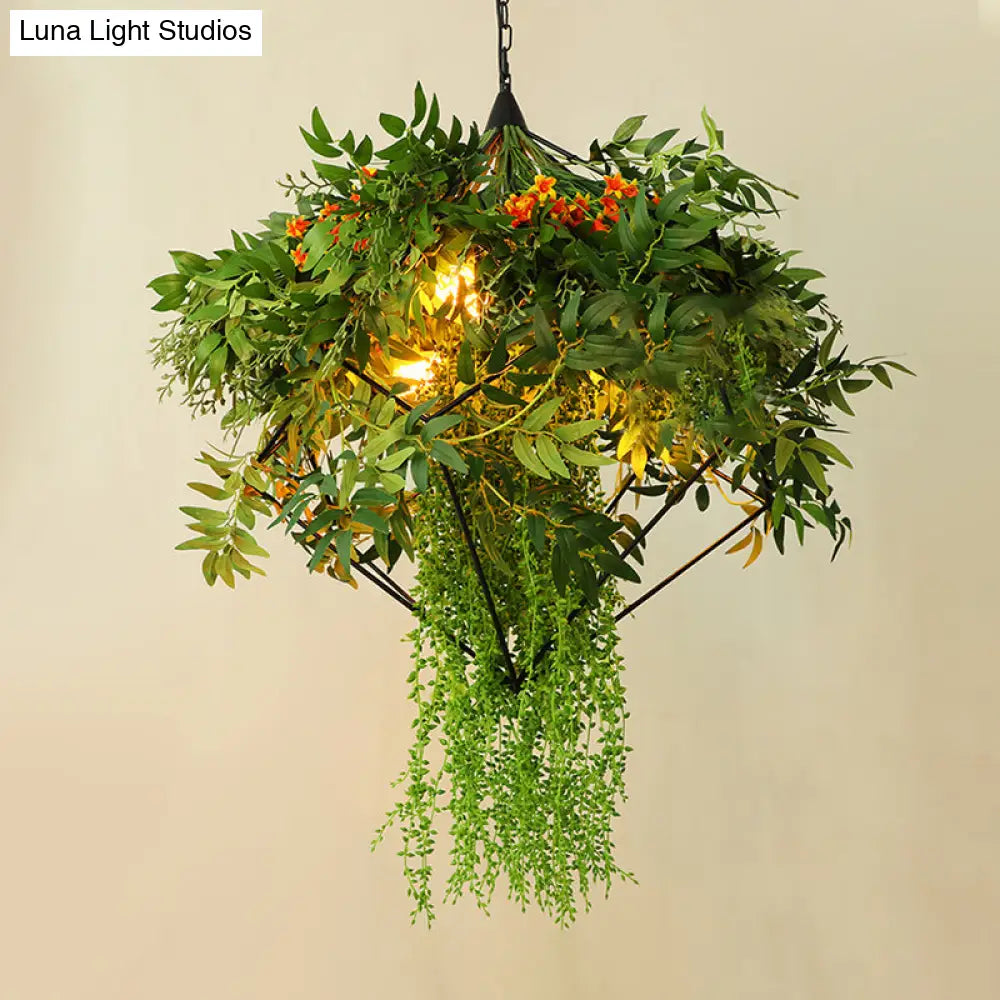 Green Metal Led Chandelier With 3 Bulbs - Industrial Suspension Lighting